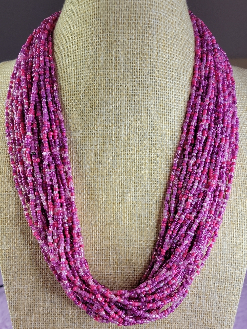 Multi-Strand Pink and Purple Seed Bead Necklace